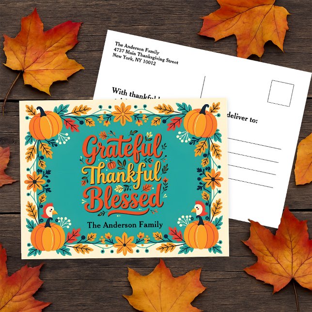 Charming Thankful Grateful Blessed Folk Art Postcard (Creator Uploaded)