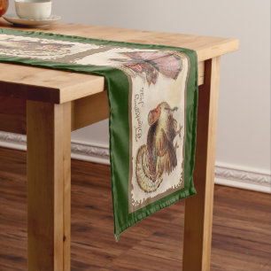 Charming Thanksgiving Turkey Pilgrim Girl Festive Short Table Runner