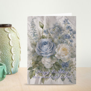 Charming Timeless Blue and White Roses Birthday Card