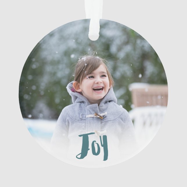Charming Trendy Joy Blue Green Holiday Photo Ornament (Back)