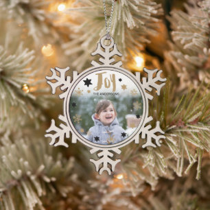 Charming Trendy Joy Holiday Photo Snowflake Pewter Christmas Ornament