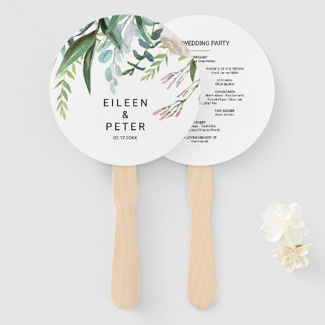 Charming Tropical Floral and Greenery Wedding Hand Fan (Front and Back)