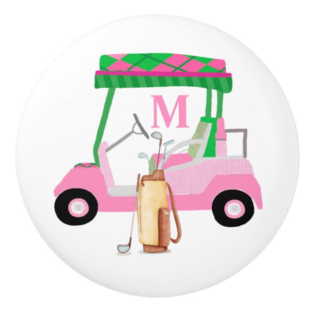 Charming Unique Pink Green Golf Cart Ceramic Knob (Front)