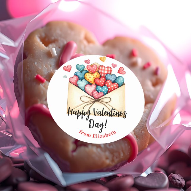 Charming Valentine's Day Envelope with Hearts Classic Round Sticker (Creator Uploaded)