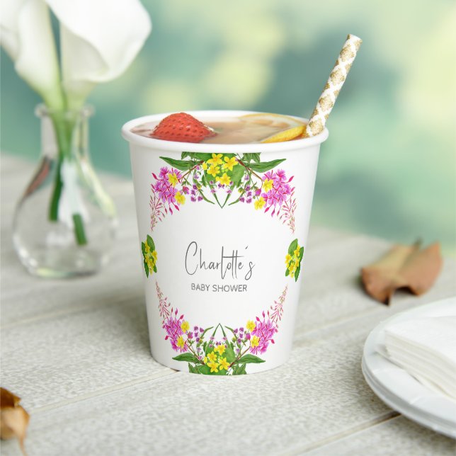 Charming Vibrant Yellow Pink Wildflower Script  Paper Cups (Insitu)