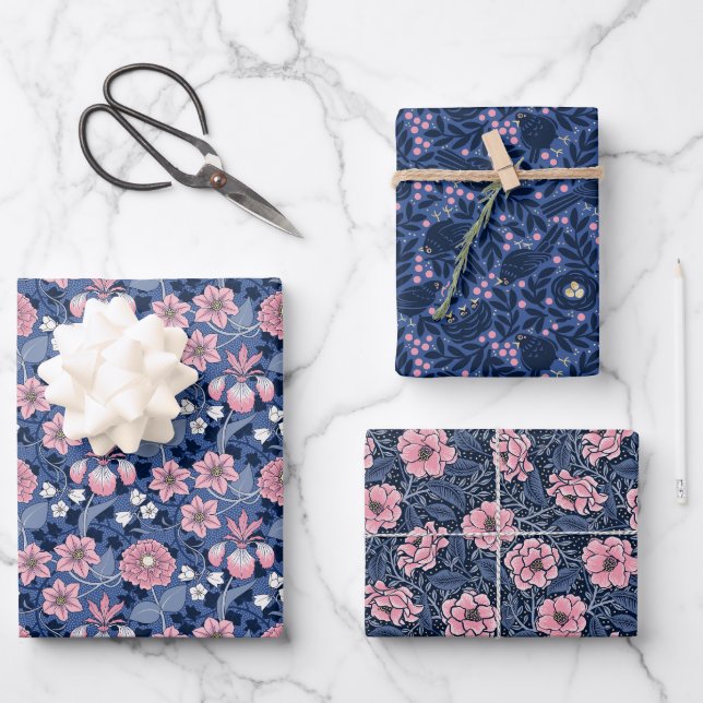 Charming Victorian-inspired Blue and Pink Floral Wrapping Paper Sheet (Front)