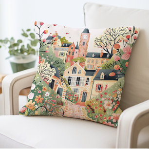 Charming Village Scene Pillow, Whimsical Pastel Cushion
