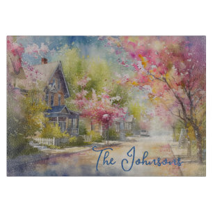 Charming Village Street in Spring Cutting Board