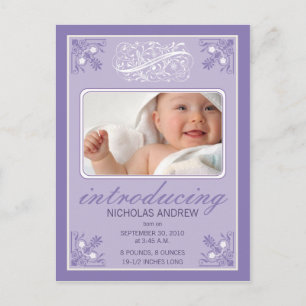 Charming Vintage Baby Birth Announcement (purple) Postcard