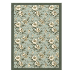 Charming vintage dusty green and gold flowers tablecloth