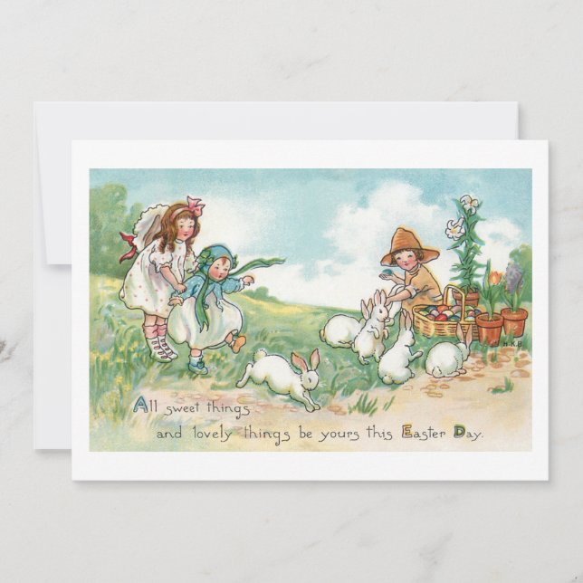 Charming Vintage Easter Bunnies and Children Holiday Card (Front)