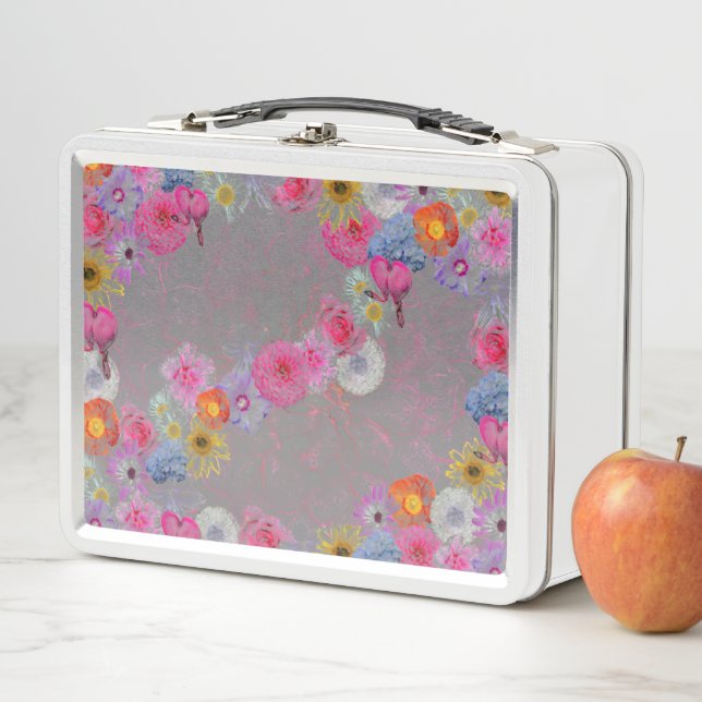 Charming vintage flowers on gray metal lunch box (In Situ)