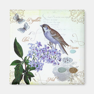 Charming Vintage French Bird Text Floral Collage Magnet