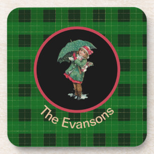 Charming Vintage Girl with Umbrella on Green Coaster