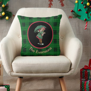 Charming Vintage Girl with Umbrella on Green Plaid Cushion
