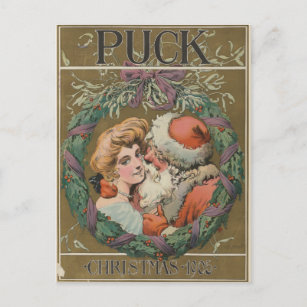 Charming Vintage Kissing Santa Christmas Wreath Holiday Postcard