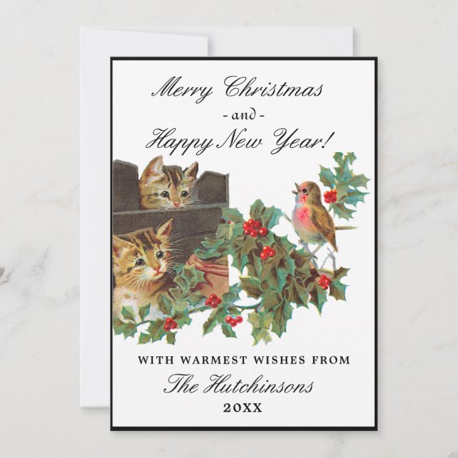 Charming Vintage Kittens Bird Flat Holiday Card (Front)