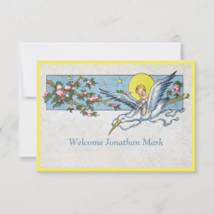 Charming vintage stork moon baby boy announcement