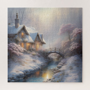 Charming Vintage Winter Day Landscape Art  Jigsaw Puzzle