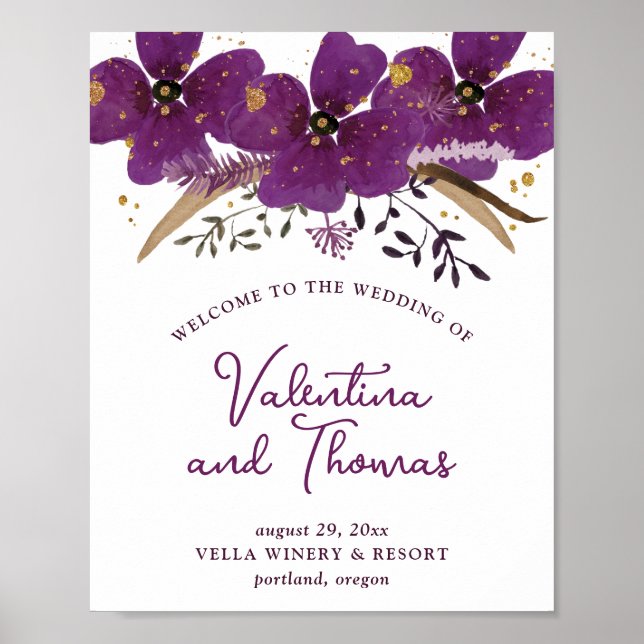 Charming Violet Watercolor Flowers Wedding Poster (Front)