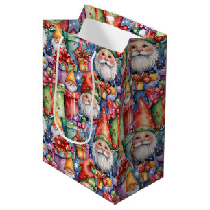 Charming Watercolor Christmas Gnomes and Gifts Medium Gift Bag