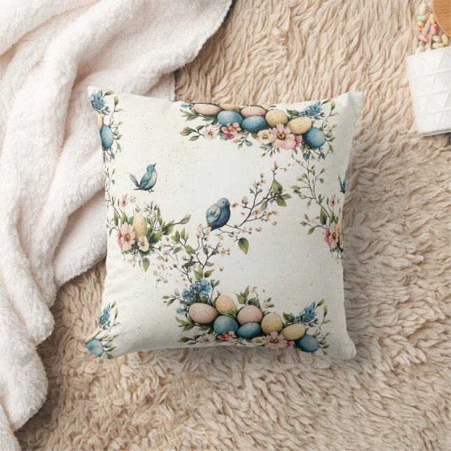 Charming Watercolor Easter Birds & Floral Spring Cushion (Blanket)