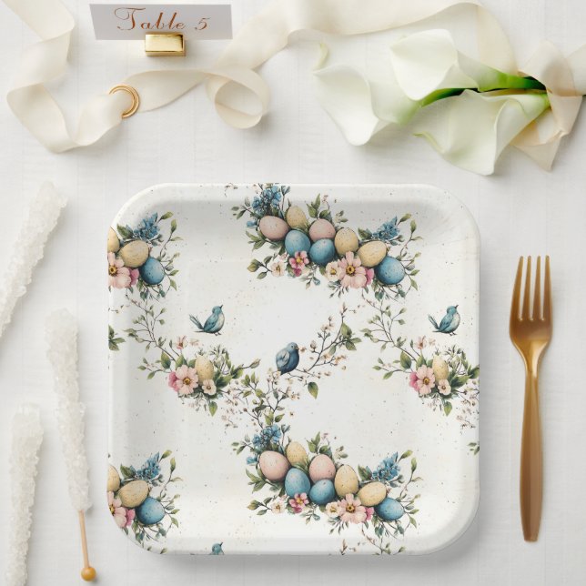Charming Watercolor Easter Birds & Floral Spring Paper Plate (Wedding)