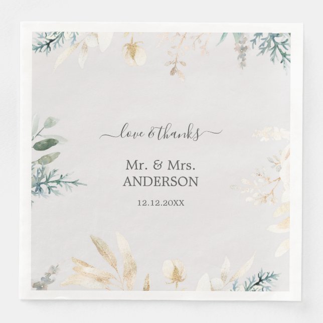 Charming Watercolor Greenery Gold Wedding Napkin (Front)