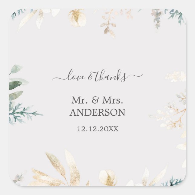 Charming Watercolor Greenery Gold Wedding Square Sticker (Front)