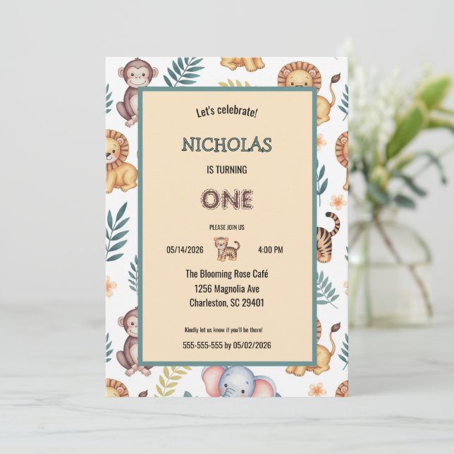 Charming Watercolor Jungle Safari Animals Birthday Invitation (Standing Front)