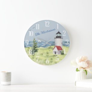 Charming Watercolor Lighthouse Coastal Scene Name  Large Clock
