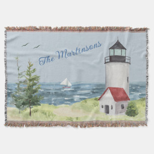 Charming Watercolor Lighthouse Coastal Scene Name Throw Blanket