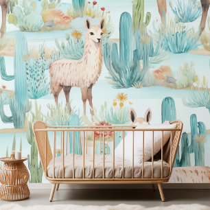 Charming Watercolor Llama & Desert Cacti Pattern  Wallpaper