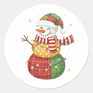 Charming Watercolor Patchwork Snowman Christmas Classic Round Sticker