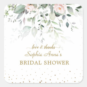 Charming Watercolor Pink Floral Gold Bridal Shower Square Sticker