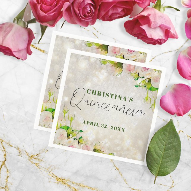 Charming Watercolor Pink Roses Quinceañera Napkin (Creator Uploaded)