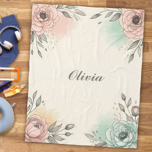 Charming Watercolor Sketchy Flowers Fleece Blanket