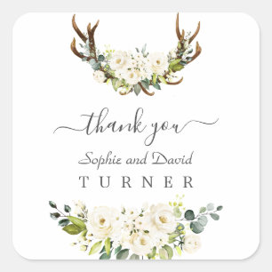 Charming Watercolor White Flowers Antlers Wedding Square Sticker