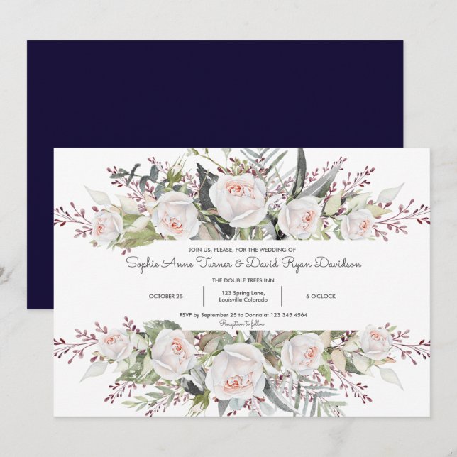 Charming Watercolor White Flowers Frame Wedding Invitation (Front/Back)