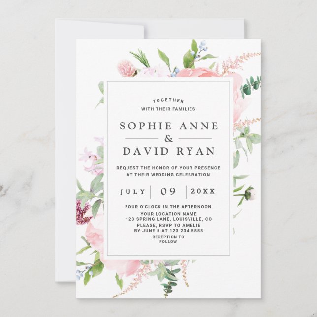 Charming Watercolour Peony Floral Frame Wedding Invitation (Front)