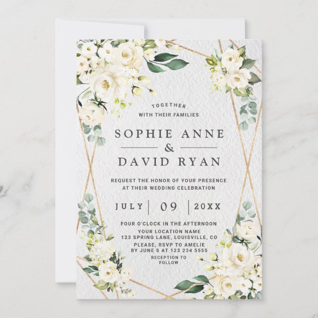 Charming Watercolour White Floral Gold Wedding Invitation (Front)