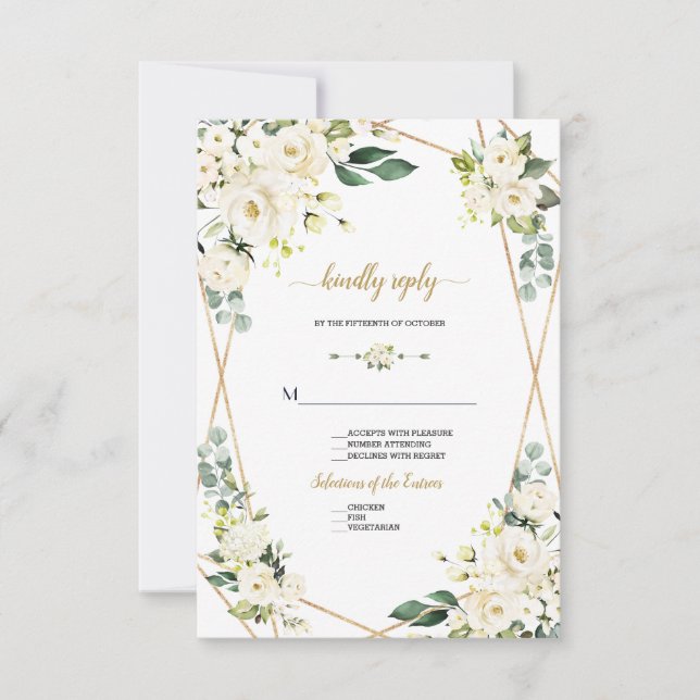 Charming Watercolour White Floral Gold Wedding RSVP Card (Front)