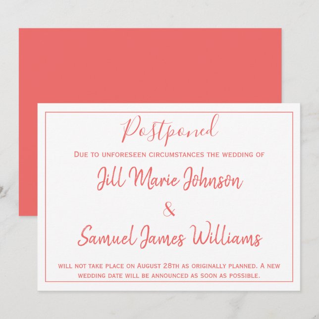 Charming Wedding Coral and White Postponed Invitation (Front/Back)