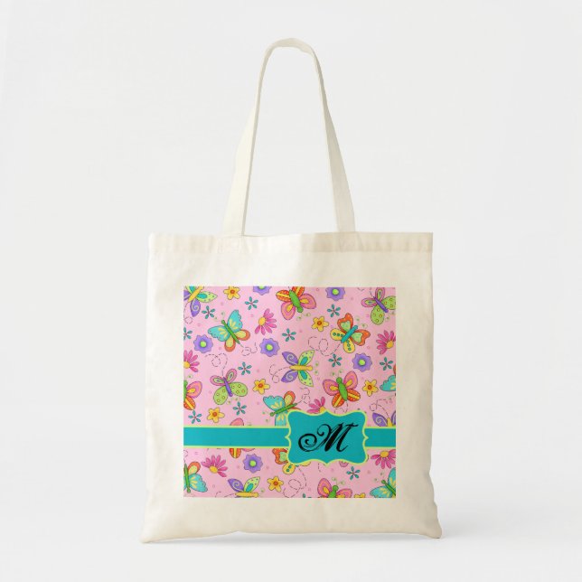 Charming Whimsy Butterflies Pink Monogram Tote Bag (Front)