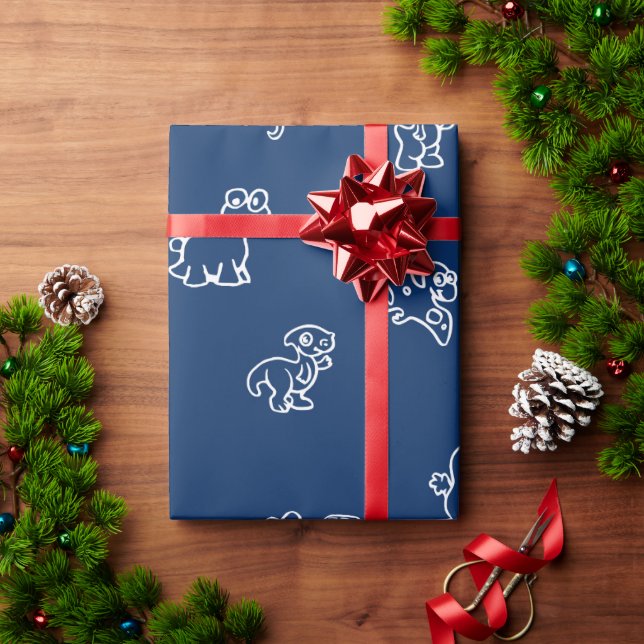 Charming White Cartoon Dinos on Navy Blue Wrapping Paper (Holiday Gift)
