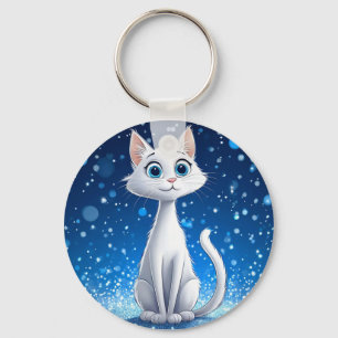 Charming White Cat with Large Blue Eyes Key Ring