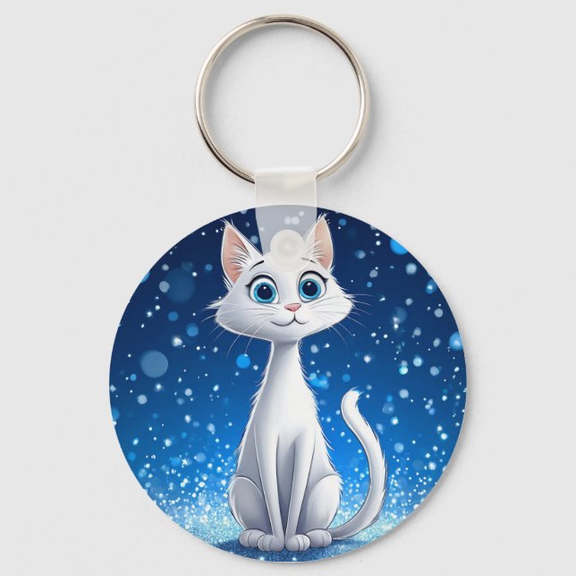 Charming White Cat with Large Blue Eyes Key Ring (Front)