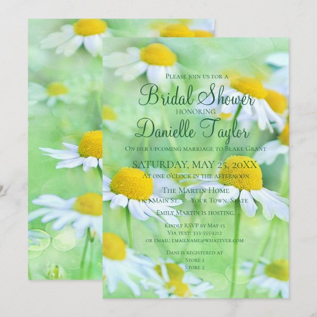 Charming White Daisies, Green Fonts Bridal Shower  Invitation (Front/Back)