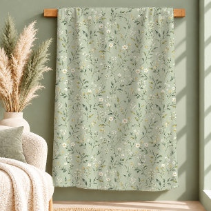 Charming White Daisy Dusty Green Boho Area Rug Art Sherpa Blanket