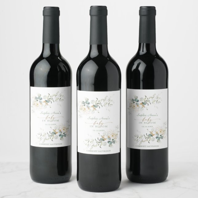 Charming White Floral Airy Leaves Baby in Bloom    Wine Label (Bottles)